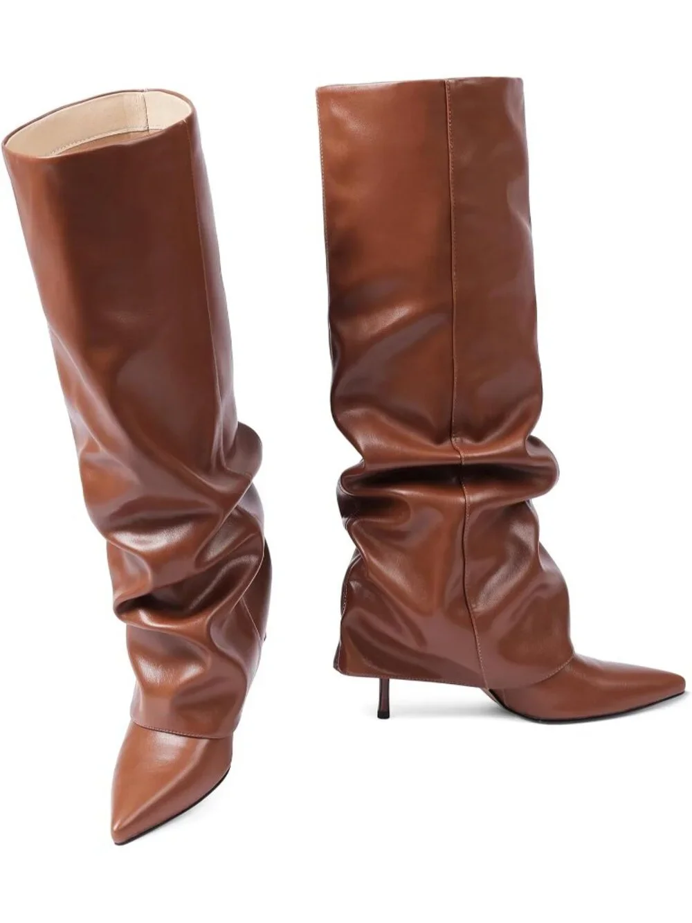 Women's Brown Fold Over Point Shark Slouchy Side Hidden Zipper Knee High Boots